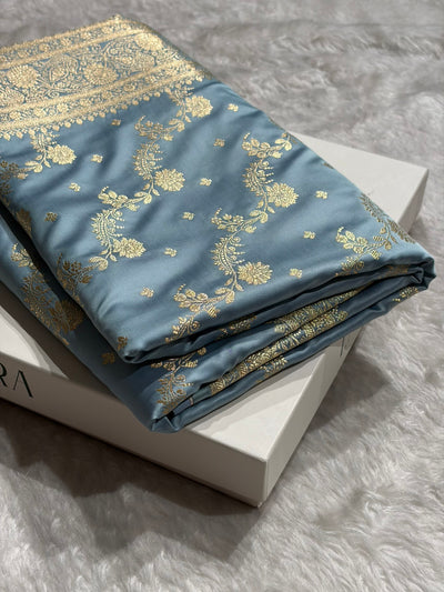 Banarasi Satin Katan Saree With Jaal Pattern in Sky Blue Shades SK121