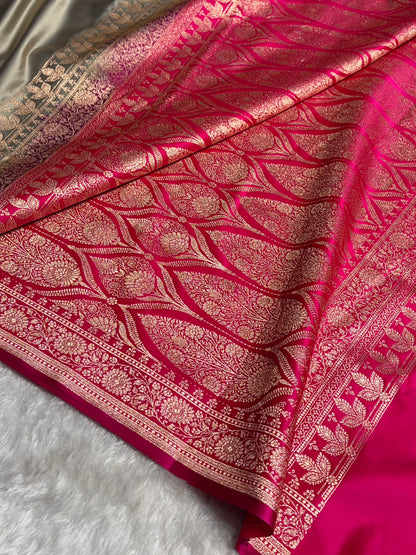 Banarasi Satin Katan Saree in Contrast Metallic Grey / Rani Shades SK131