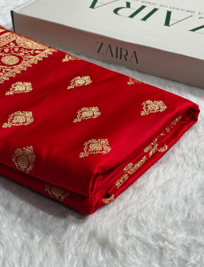 Banarasi Satin Katan Saree With Boota in Red Shades SK98