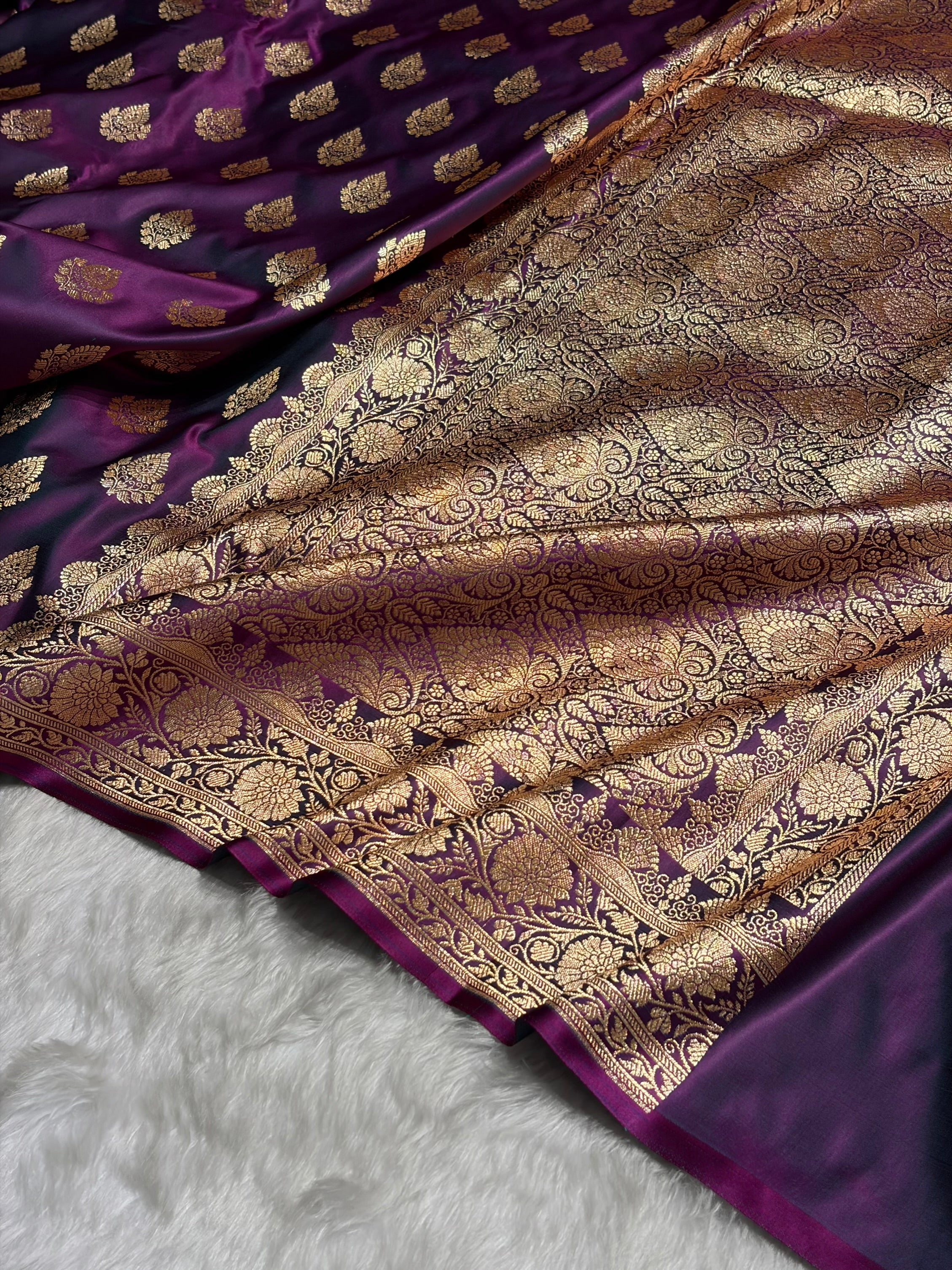 Wine Floral Boota Pattern Satin Katan Silk saree SK45