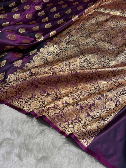 Wine Floral Boota Pattern Satin Katan Silk saree SK45
