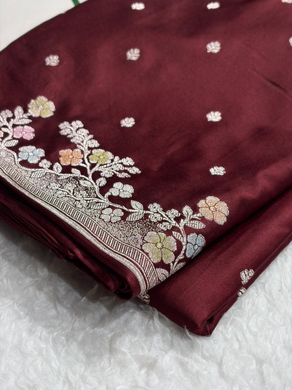 Garnet Shades Minakari Floral Border Booti Mashru Silk Saree MS75
