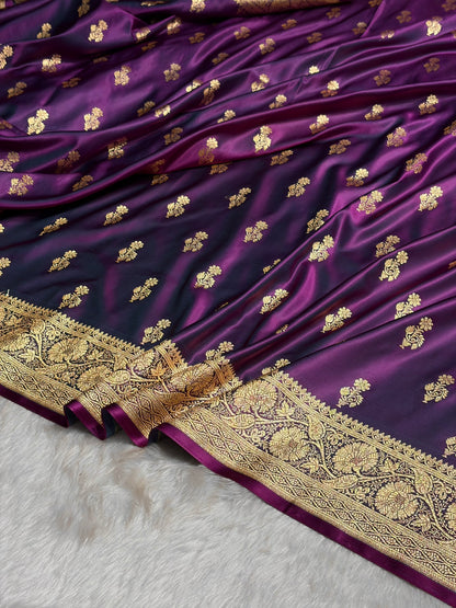 Wine Unique Boota Pattern Satin Katan Silk Saree SK68