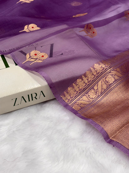 Pure Organza Dusty Lavender Meena Floral Banarasi Silk Saree PO-05