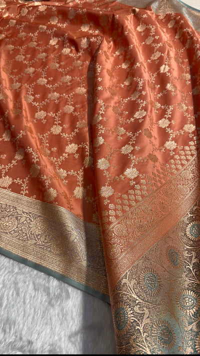 Banarasi Satin Katan Saree in Contrast Rust - SeaGreen Shades SK132