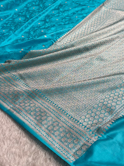 Banarasi Firozi Floral Booti Mashru Silk Saree