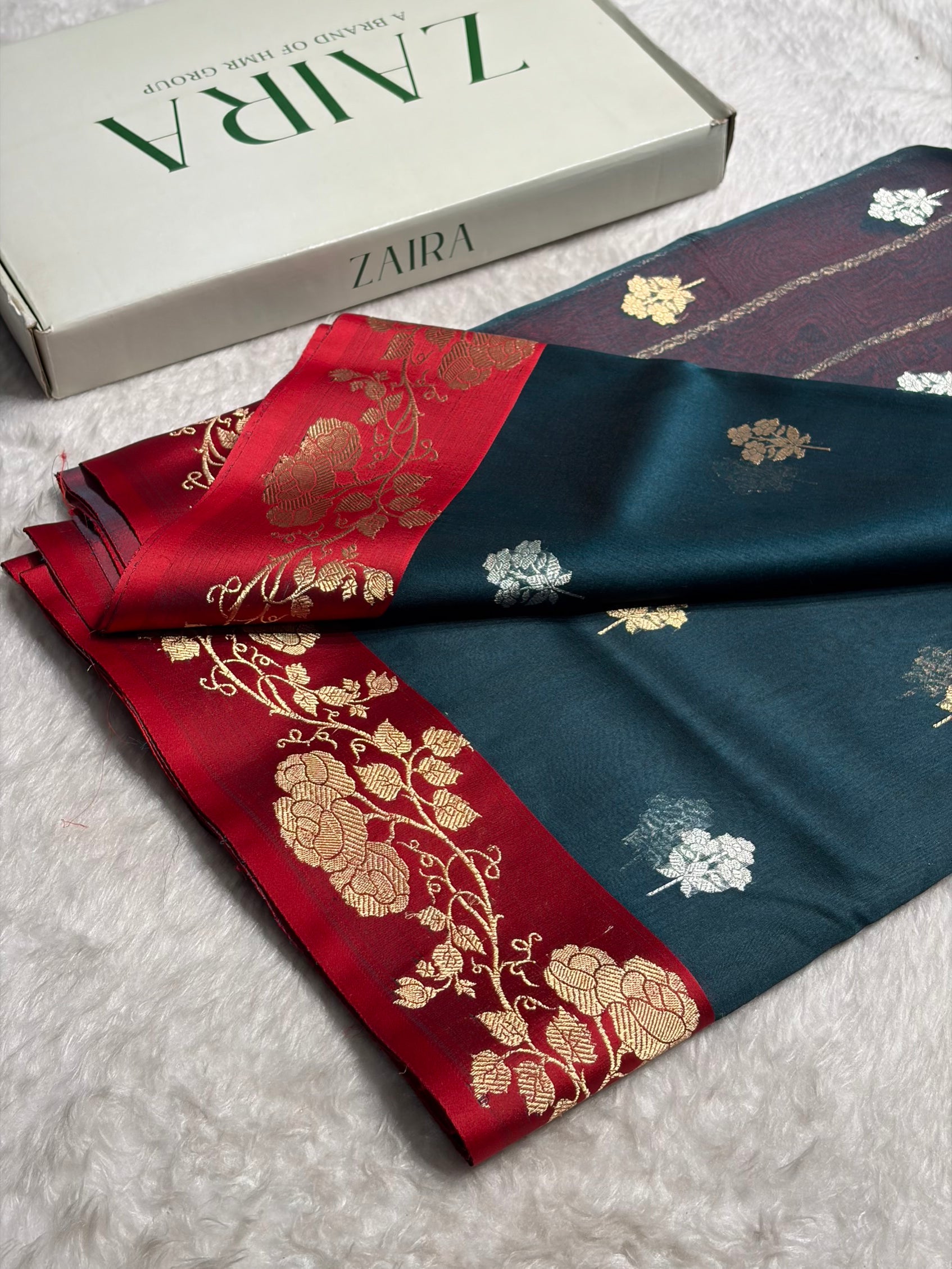 Contrast Pure Banarasi Organza Dark Rama With Maroon Floral Banarasi Silk Saree PO-13