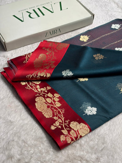 Contrast Pure Banarasi Organza Dark Rama With Maroon Floral Banarasi Silk Saree PO-13