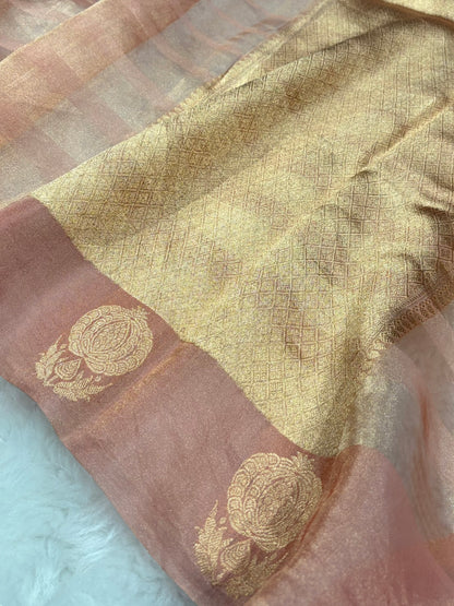Light Peach Bananasi Floral Shades Pure Tissue Silk Saree PT-55