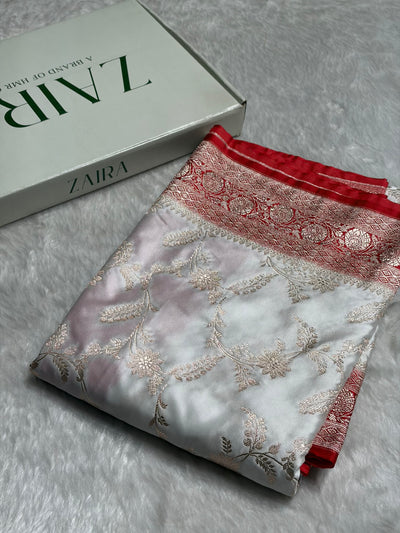 White with Red Contrast Jaal Mashru Silk Saree MCS23