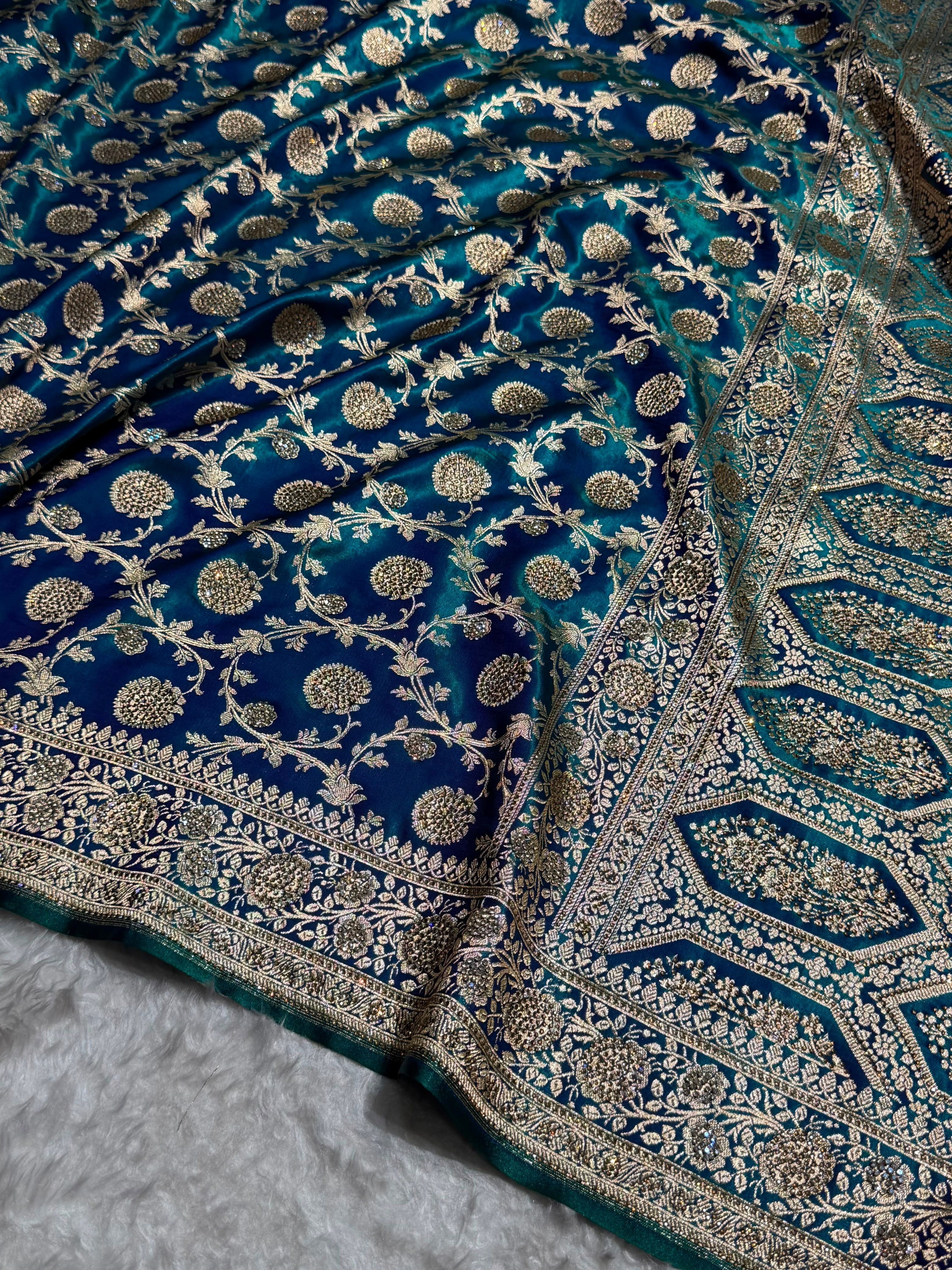 Peacock With Swarovski Stone Work Jaal Pattern Satin Silk Saree BSS15