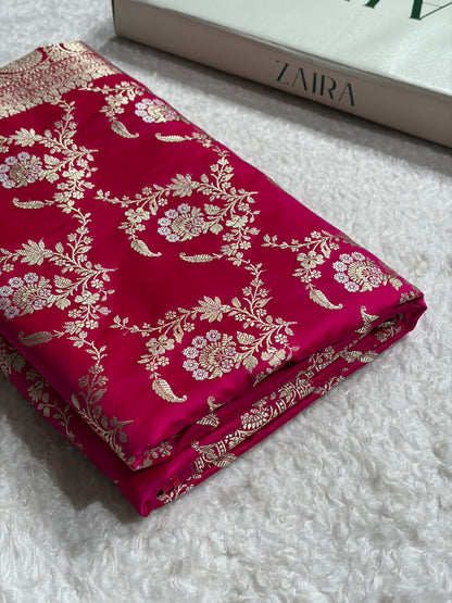 Banarasi Satin Katan Saree With Minakari Jaal Pattern in Cross Rani Shades SK126