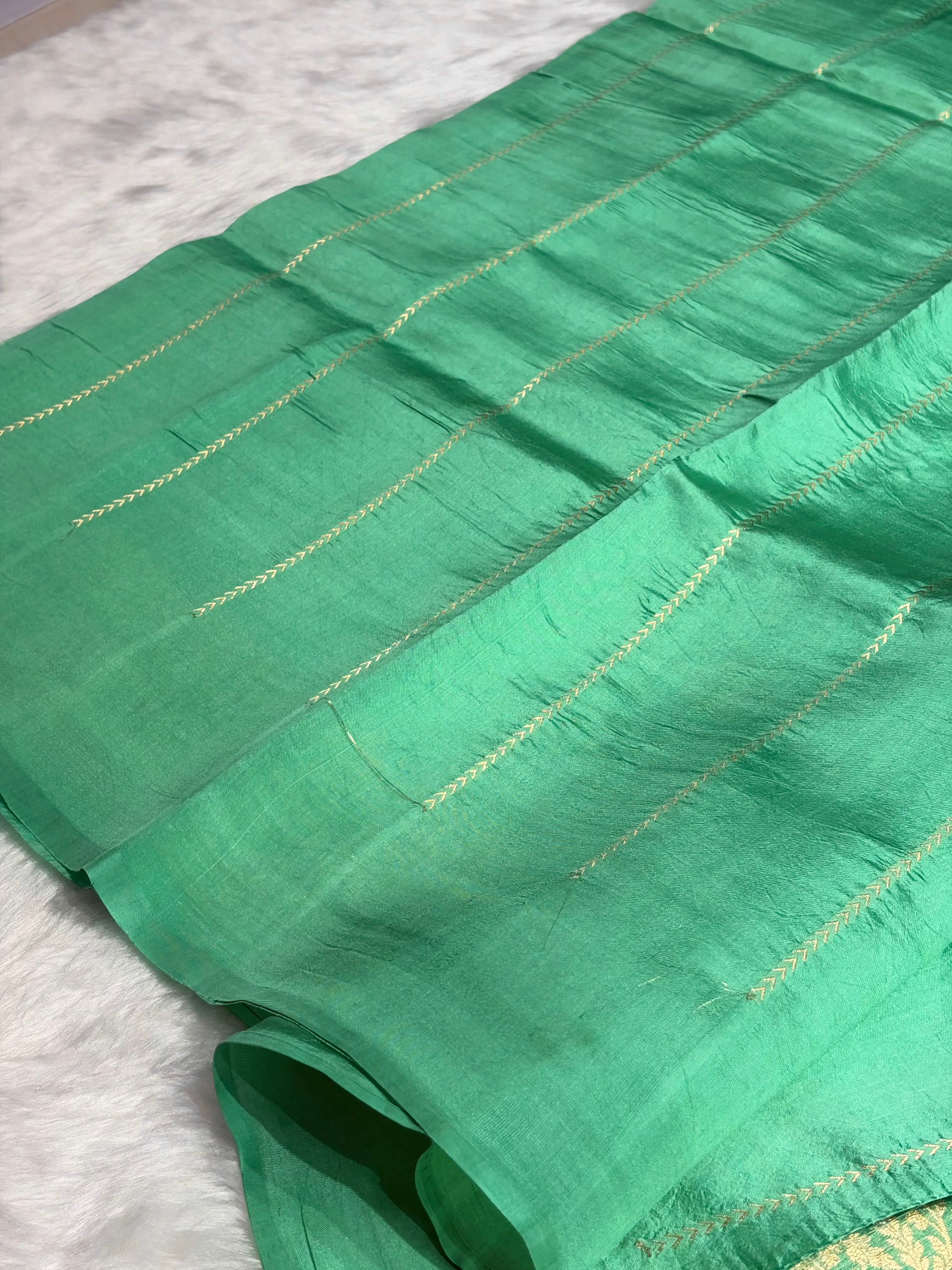 Ombré Sea Green With Pista Shades Meena Boota Handwoven Raw Mango Silk RM-31
