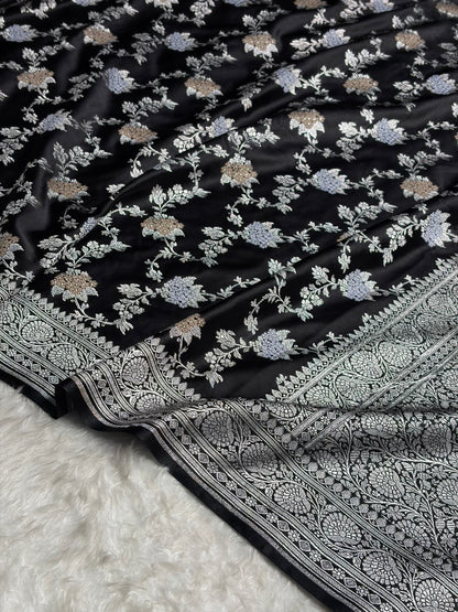 Banarasi Black Shades Jaal Pattern Mashru Silk Saree MS57
