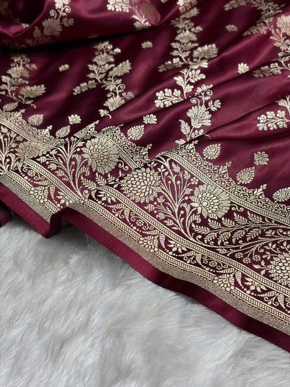 Garnet Cross & Booti Banarasi Katan Silk Saree SK24