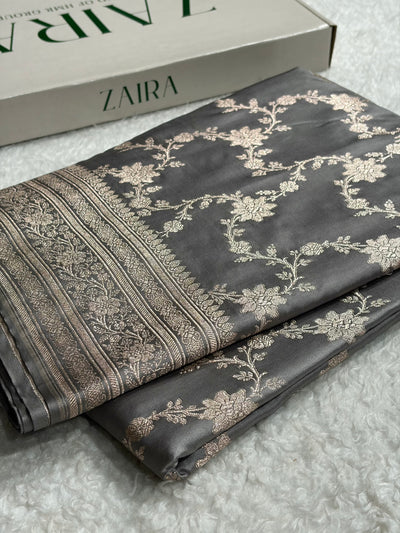 Banarasi Grey Shades Floral Jaal Mashru Silk Saree MCS07