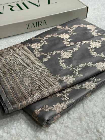 Banarasi Grey Shades Floral Jaal Mashru Silk Saree MS07