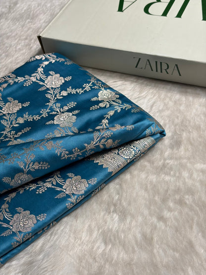 Sky Blue Floral Jaal Mashru Silk Saree  MS28
