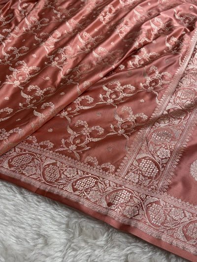 Peach Shades Banarasi With Floral Jaal Pattern Mashru Silk Saree MSM-134