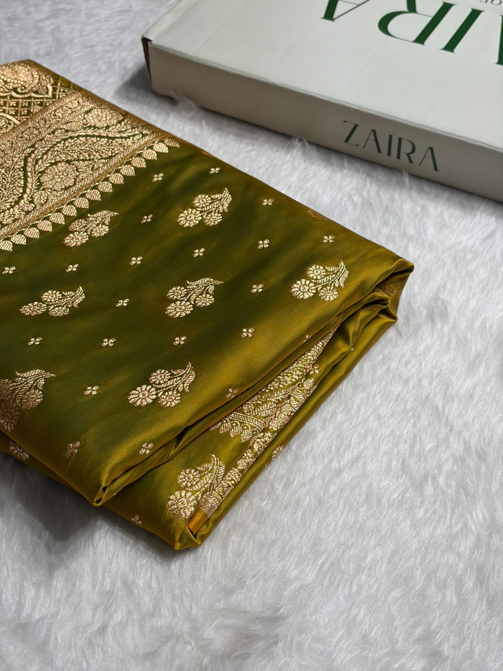 Mehendi Green Floral Unique Boota Satin Katan Silk Saree SK73