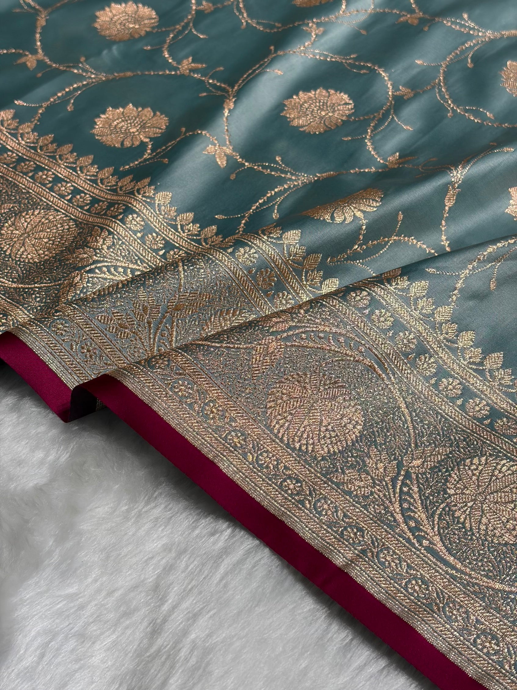 Turquoise Banarasi Jaal Satin Katan Silk Saree SK06