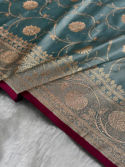 Turquoise Banarasi Jaal Satin Katan Silk Saree SK06