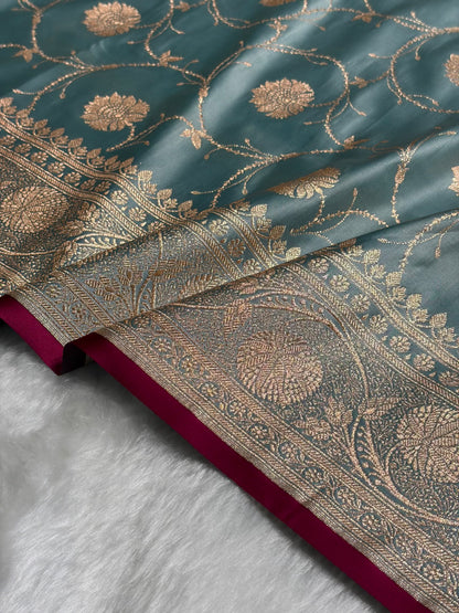 Turquoise Banarasi Jaal Satin Katan Silk Saree SK06