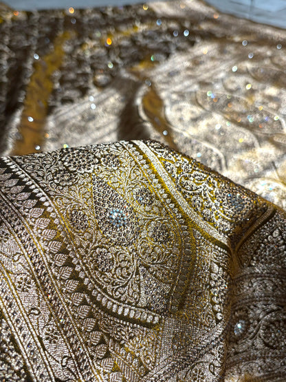 Ultra Light Weight Satin Silk Jaal With Swarovski Work in Mehendi Shades BSS13
