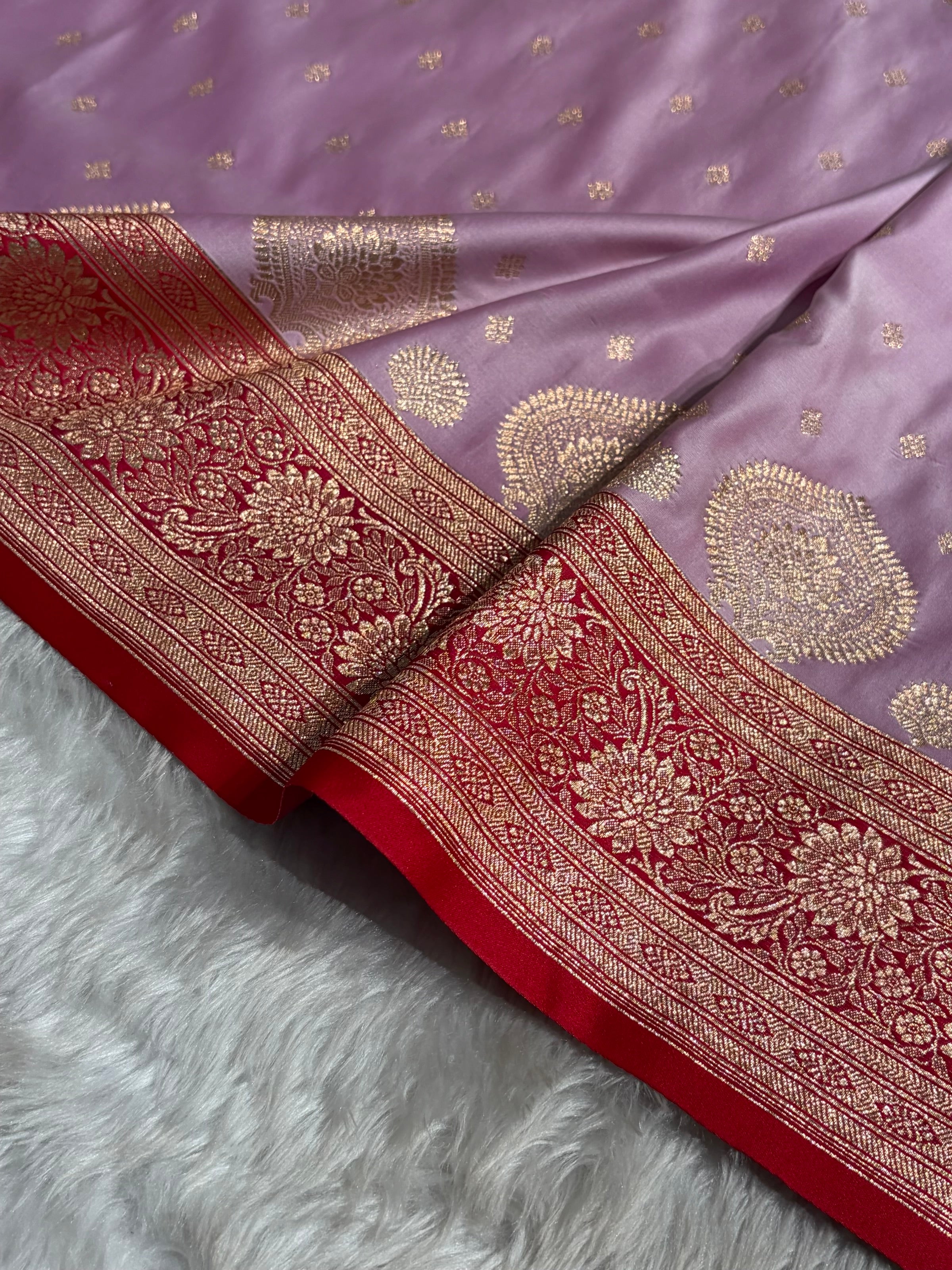 Lavender with Red Booti Satin Katan Silk saree SK29