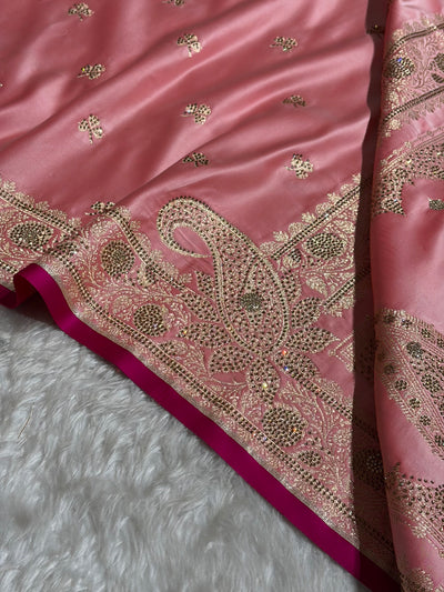 Banarasi Baby Pink Booti With Swarovski Work Katan Silk Saree BSK09