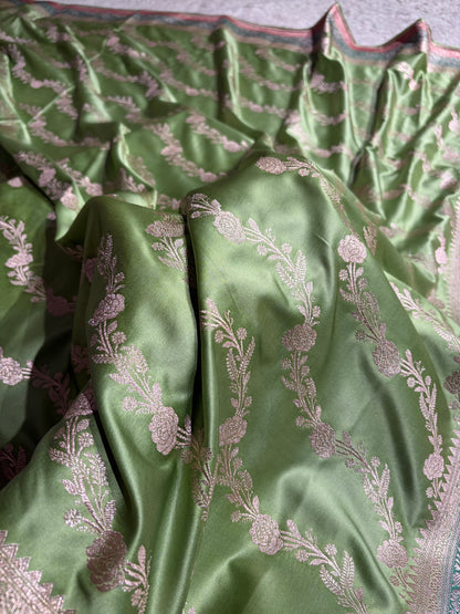 Light Pista Shades Minakari Border Mashru Silk Saree With Cross Pattern MS03