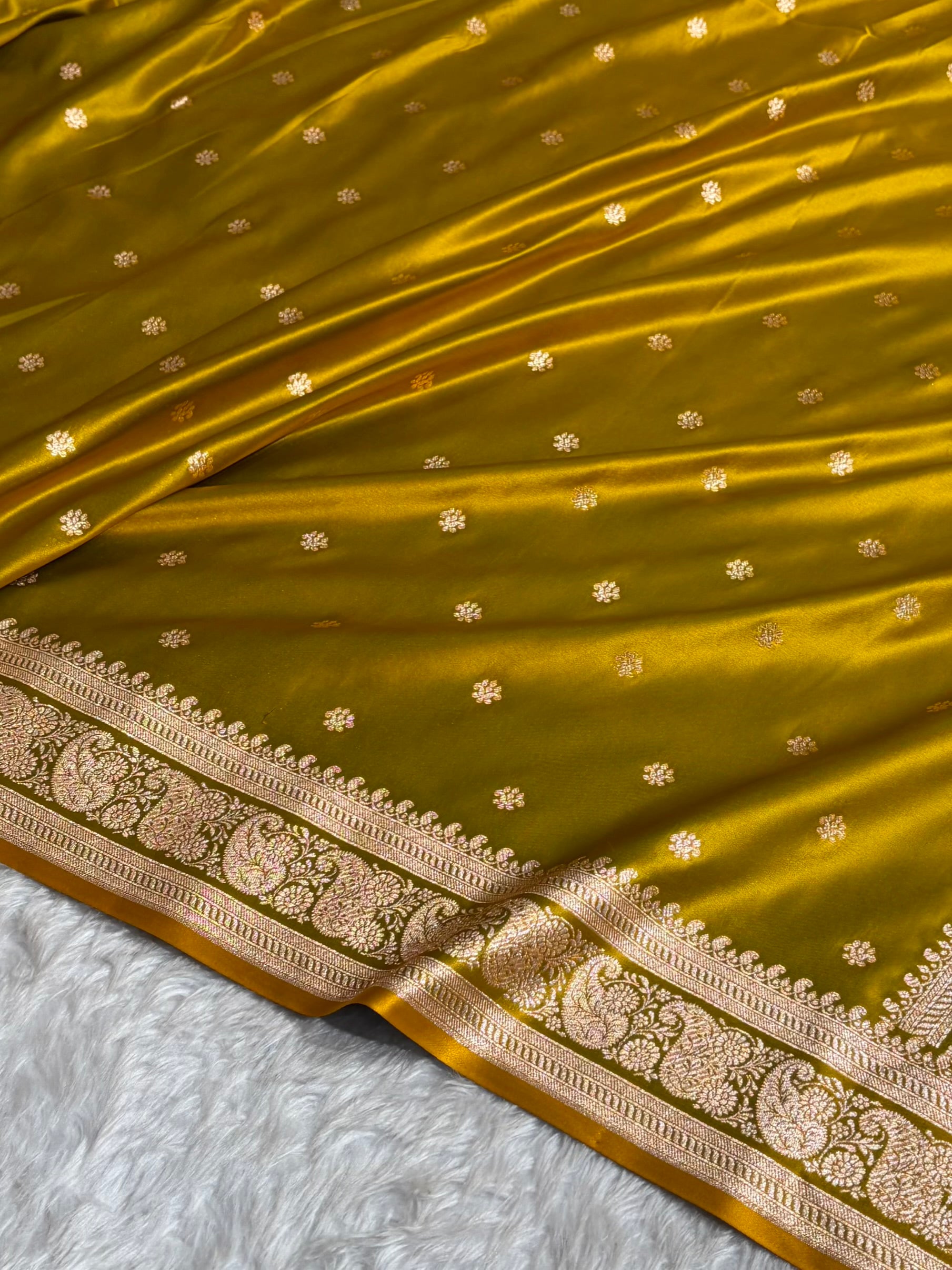 Banarasi Satin Katan Saree With Boota Pattern in Mahndi Shades SK127