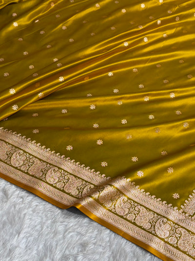Banarasi Satin Katan Saree With Boota Pattern in Mahndi Shades SK127