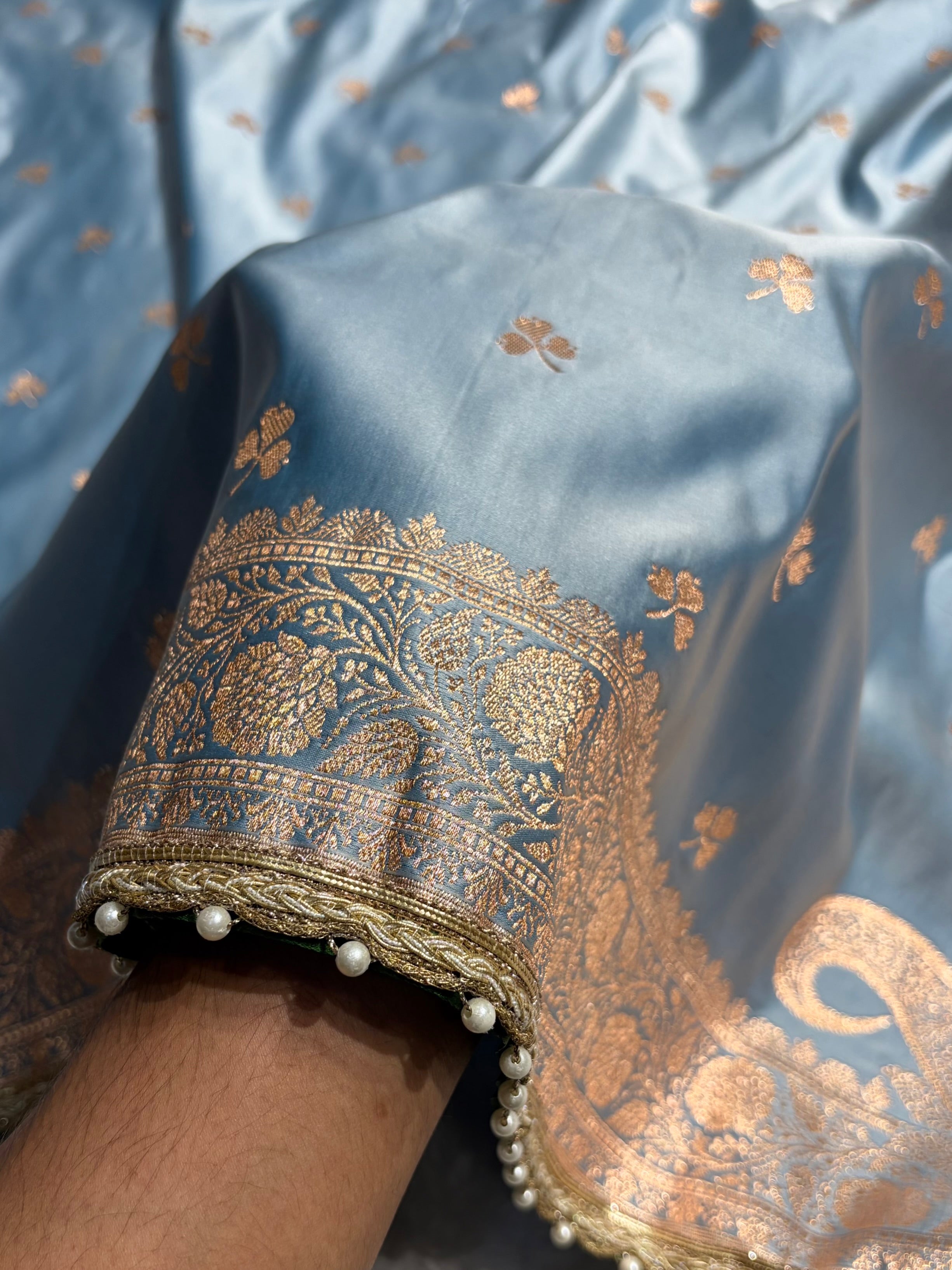 Sky Blue Booti Katan Silk With Gotta Patti Saree SKGP09