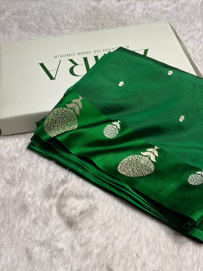 Bottle Green Shades Handwoven Pure Paper Katan Silk RM-65