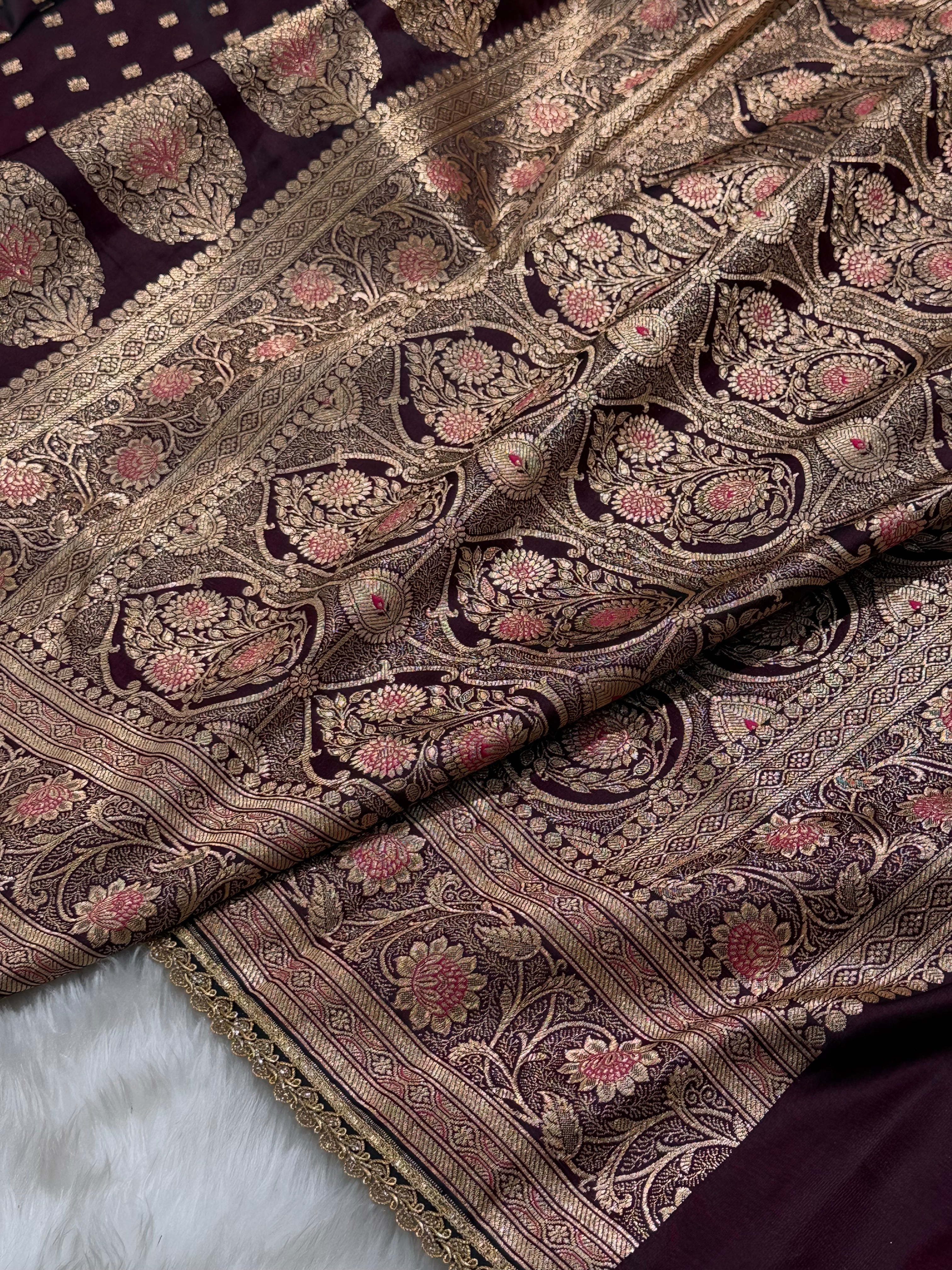 Banarasi Satin Katan Silk Saree In Dark Wine Shades with gotta Patti