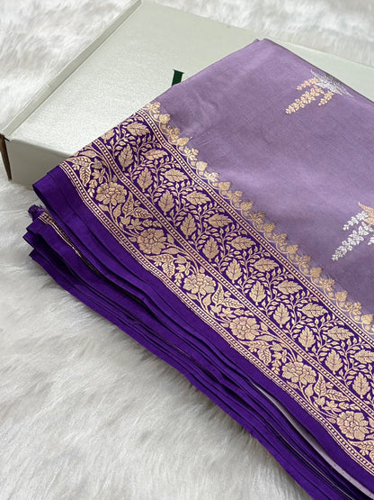 Lavender With Purple Contrast Shades Meena Boota Handwoven Pure Katan Paper Silk RM-36