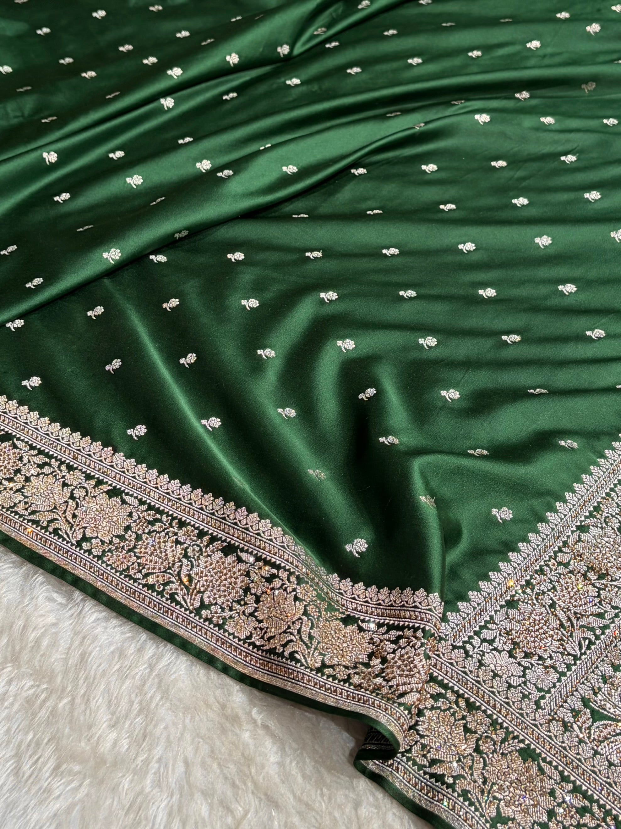 Beautiful Bottle Green Booti with Swarovski Work Mashru Silk Saree BMS09