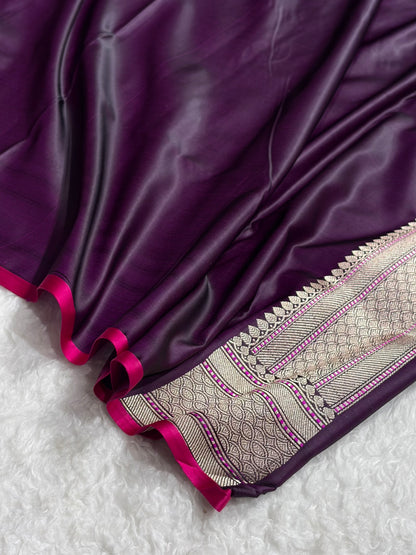 Banarasi Wine Boota With Floral Border Mashru Silk Saree