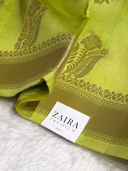 Pista Green Banarasi Boota Pattern Pure Caramel Silk Saree CS-08