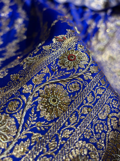 Royal Blue Floral Jaal Pattern Satin Katan Silk Saree BSK43