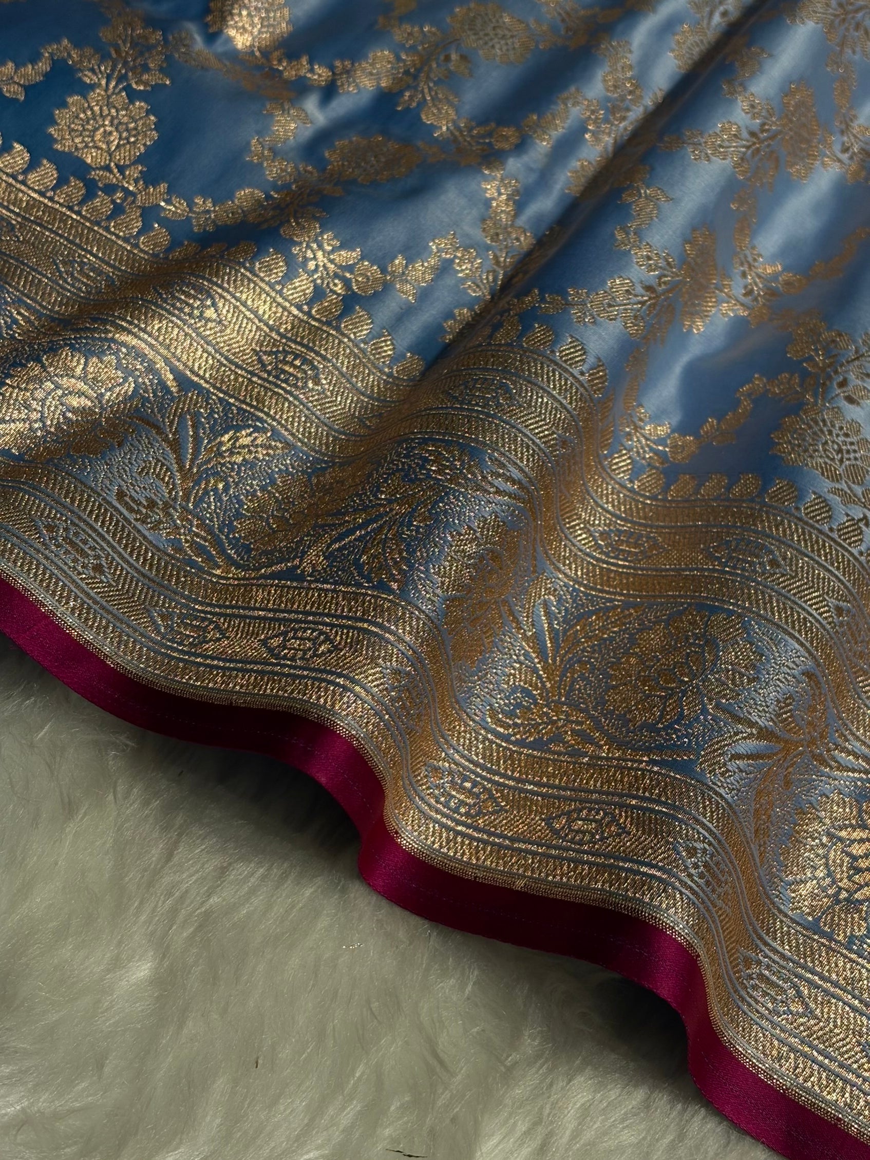 Nile Blue Jaal Pattern Satin Katan Silk Saree SK25