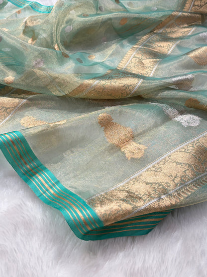 Sea Green Bananasi Floral Shades Pure Tissue Silk Saree PT-35