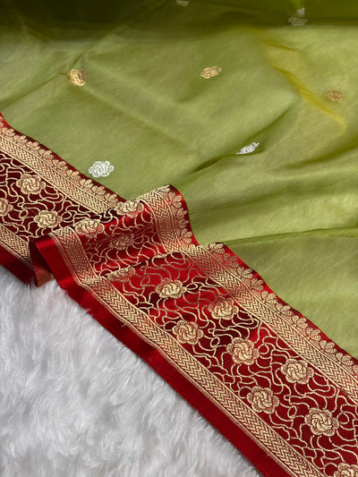 Contrast Banarasi Pure Organza Pista Green With Red Floral Banarasi Silk Saree PO-10