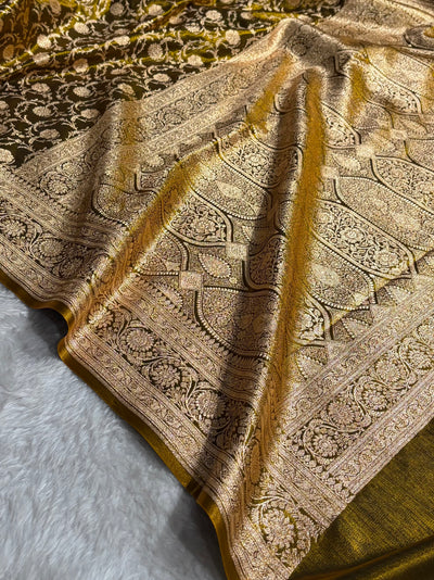 Ultra Light Weight Satin Silk Jaal in Mehendi Shades SS13