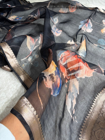 Black Organza with Pastel Multicolor Florals & Gold Zari Border POP05