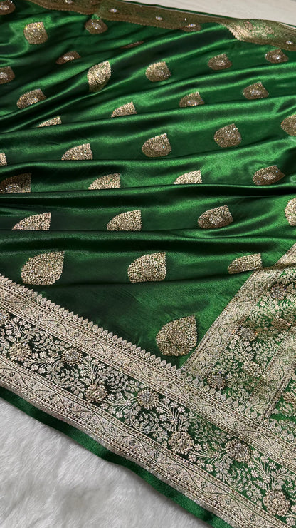 BottleGreen Shades Banarasi Satin Silk Boota with Swarovski Work