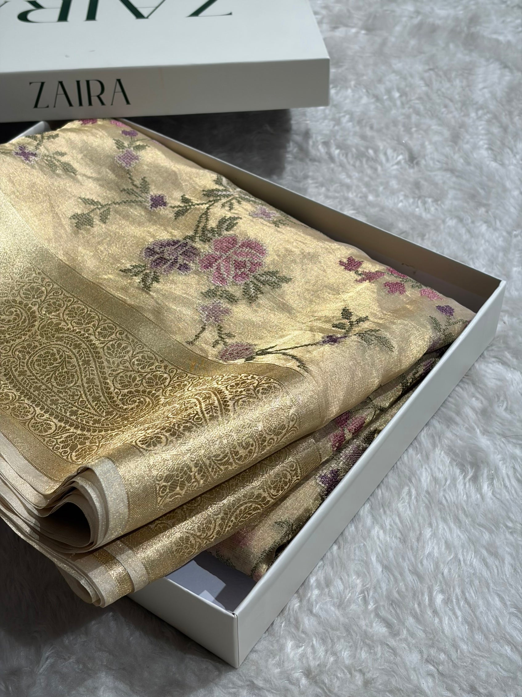 Beige Gold Shades With Floral Embroidered Pure Tissue Silk Saree with Brocade Blouse PTE-01