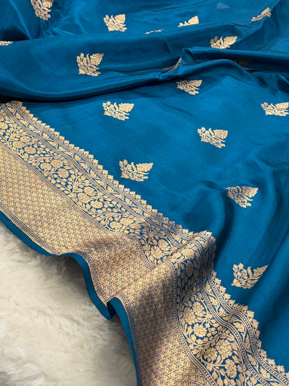 Banarasi German Blue Boota Handwoven Pure Paper Silk RM-86