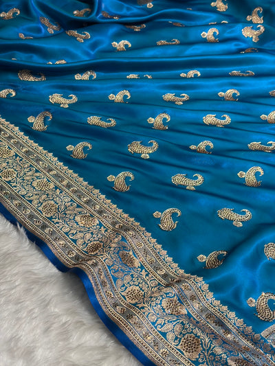 Satin Silk Saree Tredition Banarasi Swarovski Work Floral Boota in Firozi Shades BSS27